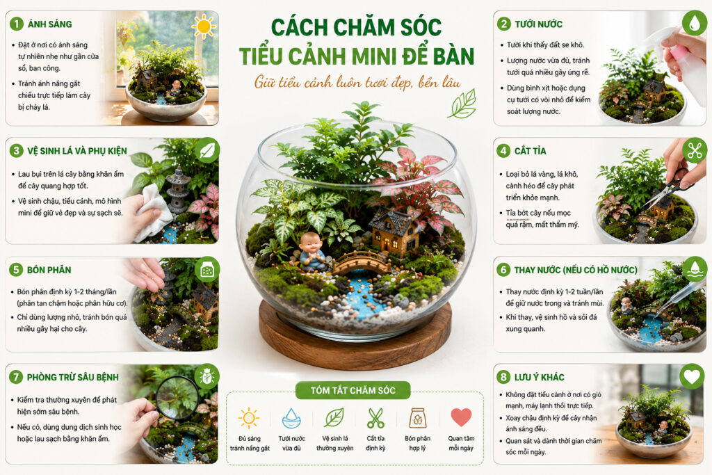 Cách chăm sóc tiểu cảnh để bàn